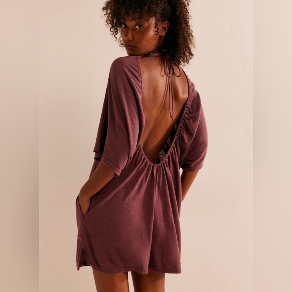 Free People ANDI Open Back Linen Blend Romper Playsuit Purple Mauve Extra Small - Picture 2 of 11